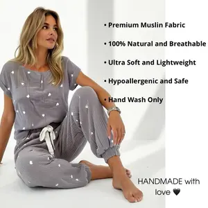Pajamas & Loungewear Cozy Heart Muslin Lounge Set – Handmade with Love Nightwear Womenswear Homewear Comfort Pyjamas Pjs Breathable Soft Cute Lightweight Fabric