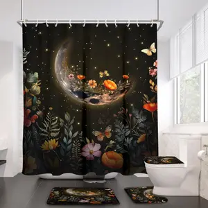 Moon Shower Sets 4PC Witchy Witch Black Dark Gothic Goth Floral Flower Moody Celestial Galaxy Plant Botanical Rugs and Accessories Bath Mat U Shape and Lid Cover