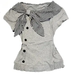 Pure cotton American retro style irregular short-sleeved T-shirt, Y2K vintage plaid sailor collar top