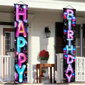 2D Flat 1pc Neon Glow Happy Birthday Porch Banner Set, 180x30cm Large Size, Balloon Candy Themed Door Hanging Sign, Ideal for Birthday Party Decoration, Photo Booth Backdrop
