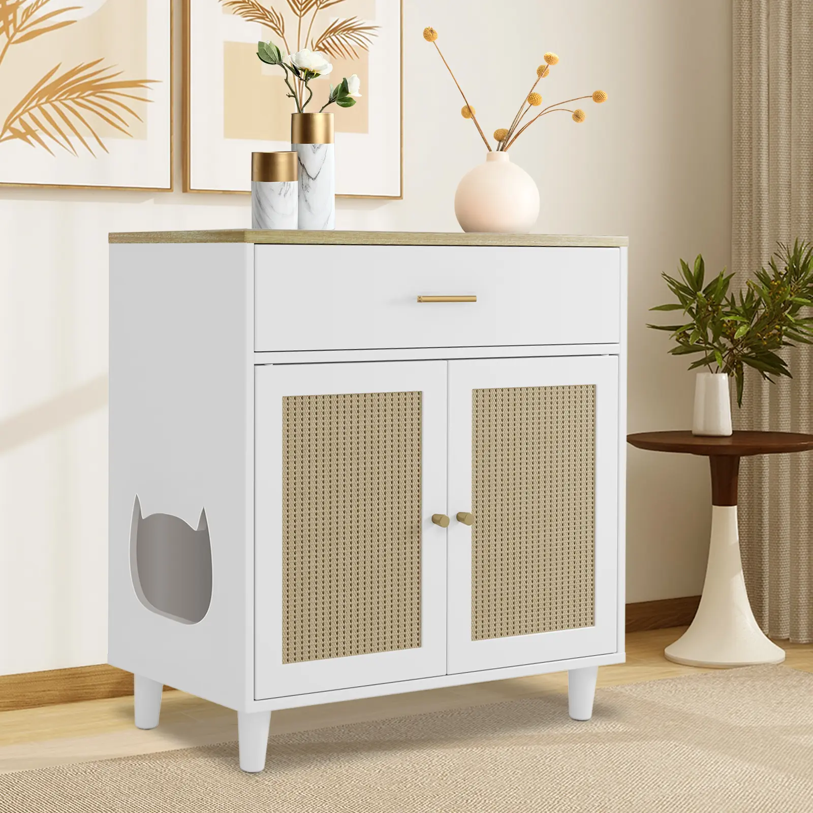 Wooden Hidden Litterbox Cabinet - 80x40x84cm Bedside End Table with Storage Drawer, Sisal Scratching Doors, 130lb Capacity, 30.3x14.5in Fit for Odor-Hidden Box, for Bedroom, Living Room, Sisal Scratch Pad