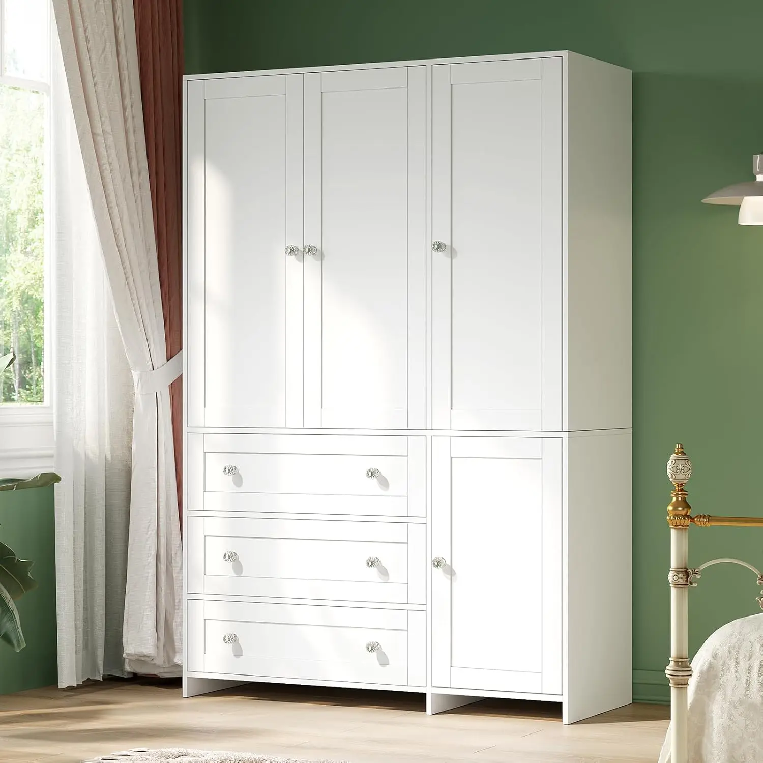 VOWNER 71" Wooden Freestanding Wardrobe Armoire - 4-Door Storage Furniture with Hanging Rod, Drawers, Built-in Mirror, Compartmentalized Space for Bedroom Indoor Clothes Organization