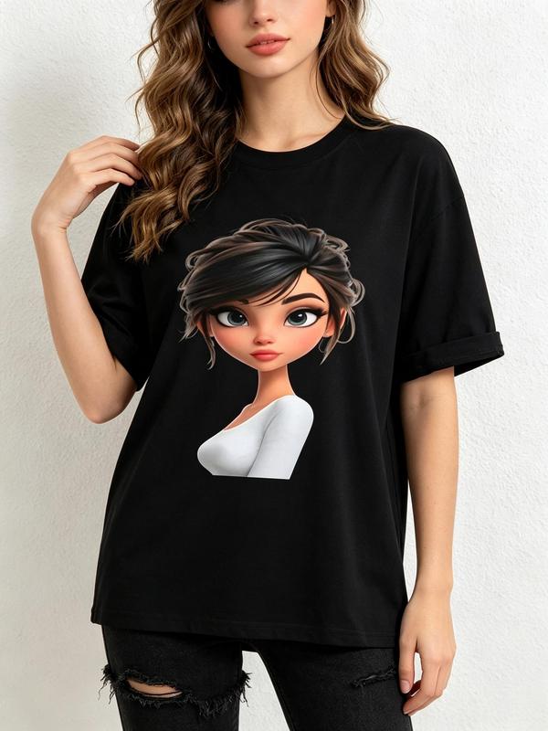 Women's Pure Cotton Cute Boho T-Shirt - Casual Round Neck Short Sleeve, Viral TikTok Soft Girl Black Beach Tee, 3D Chibi Girl Graphic Print, Messy Dark Hair Updo, Big Eyes, Slim Fitting Half-Body Design, Lightweight Breathable Daily Wear