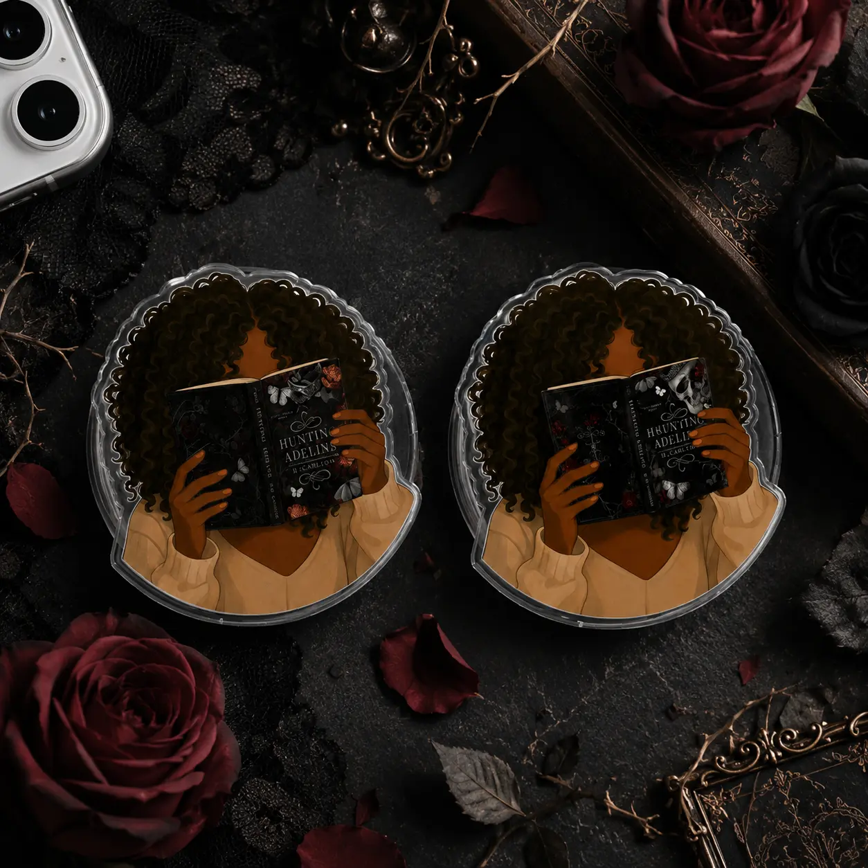 2D Acrylic Dark Romance Reader Phone Grip - Hunting Adeline Book Theme Expandable Phone Stand Holder Anti-Drop Finger Grip