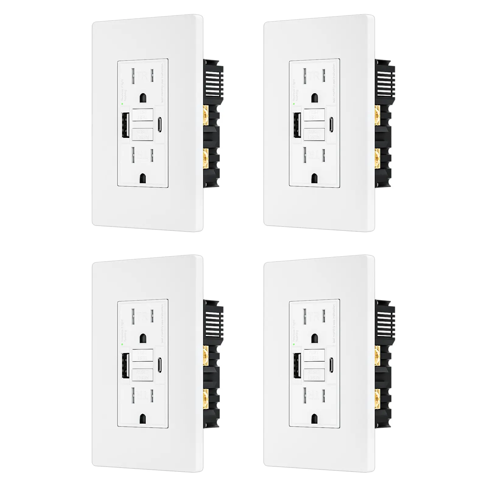 4Pack BRILLTECH 15AMP GFCI Outlet with 4.8A/24W Type A & Type C USB Charging Ports, Self-Test, LED Indicator, Tamper Resistant, GFCI Receptacle Outlet, Screwless Wall Plate Include, ETL Listed, White
