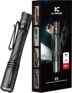 klarus P2 Tactical Pen Light: 1000 Lumens, 886ft Throw – 2AA or USB-C Rechargeable (Battery Included), IPX8 Waterproof, Small EDC Flashlight for Pocket, Office, Home, Security