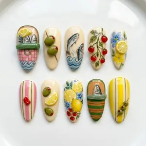 Mediterranean Coastal Sardine, Olive & Lemon Press On Nails, Vibrant 3D Hand-Painted Fruit Art, Tomato Girl Summer Aesthetic Nails Set