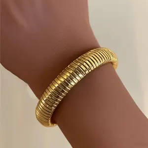 Golden Elastic Stainless Steel Snake Bone Wide Bracelet for Women Small Batch Exaggerated Metal Stacked Bangle Bracelet