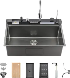 Bronstarz 33x22 Inch Nano Black Stainless Steel Undermount Kitchen Sink Single Bowl with Faucet Combo | Waterfall Workstation, Nano Coating & Cup Washer | Smart Sink for Modern Household (Black)