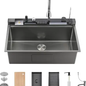 Bronstarz 33x22 Inch Nano Black Stainless Steel Undermount Kitchen Sink Single Bowl with Faucet Combo | Waterfall Workstation, Nano Coating & Cup Washer | Smart Sink for Modern Household (Black)
