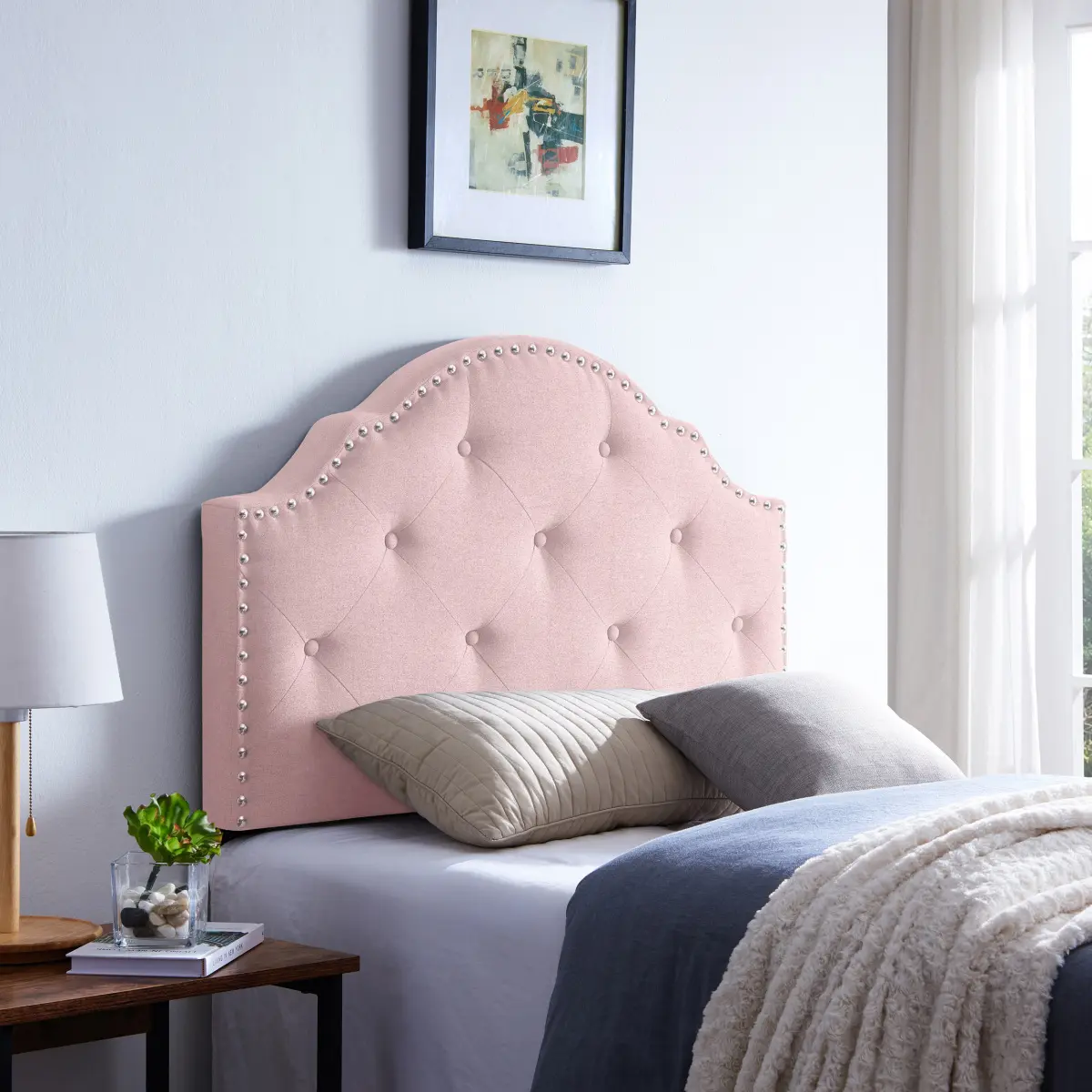 Tufted Upholstered Headboard Twin Size, Solid Wood Head Board with Durable Metal Legs, Adjustable Height Twin headboard with Nailhead Trim,fabric Headboard in Modern Button Tuffted Design