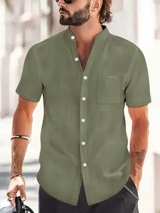 Men's Stand Collar Pocket Short Sleeve Shirt, basic classic casual style, stand collar silhouette, button-down placket design, suitable for daily commute, casual outings and transitional wear, Menswear