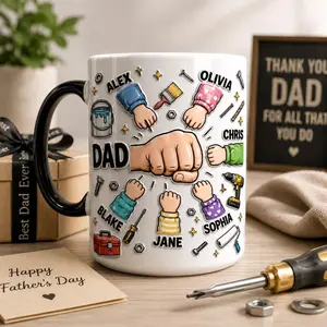 Personalized Dad Fist Bump Mug, Father’s Day Custom Kids Names Coffee Cup, Gift for Dad, 2D Printed 3D Effect, gift for her, gift for him, gift for mom, gift for dad, gift for friend, birthday gift mug.
