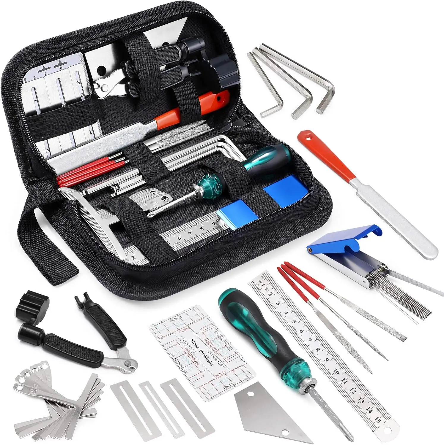 25 count Guitar Repairing Tools Kit Setup Kit with Carry Bag for Acoustic Electric guitar Ukulele Bass Banjo Maintenance Tool with Ruler Gauge Measuring Tool Hex Wrench Files Fingerboard Guard