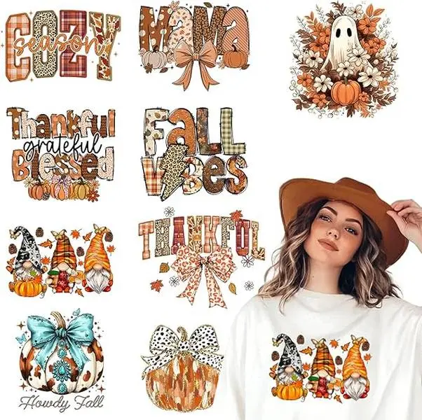 9 Sheets Fall Iron on Transfers, Pumpkin DTF Transfers Ready to Press Thanksgiving Fall Stickers Iron on Decals for T Shirts Hoodie DIY Crafts