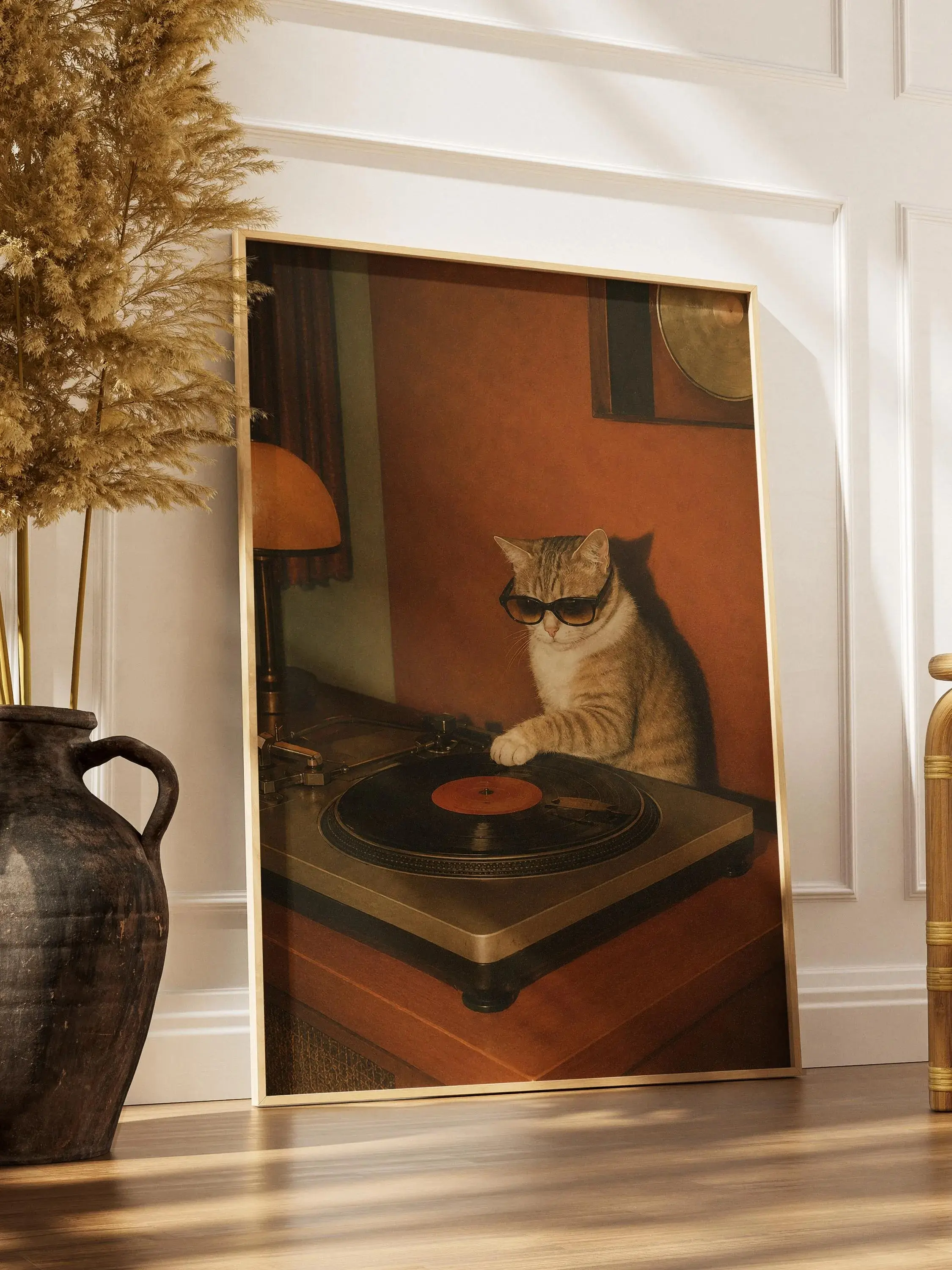 DJ Cat Vinyl Poster  Retro Turntable Music Wall Art