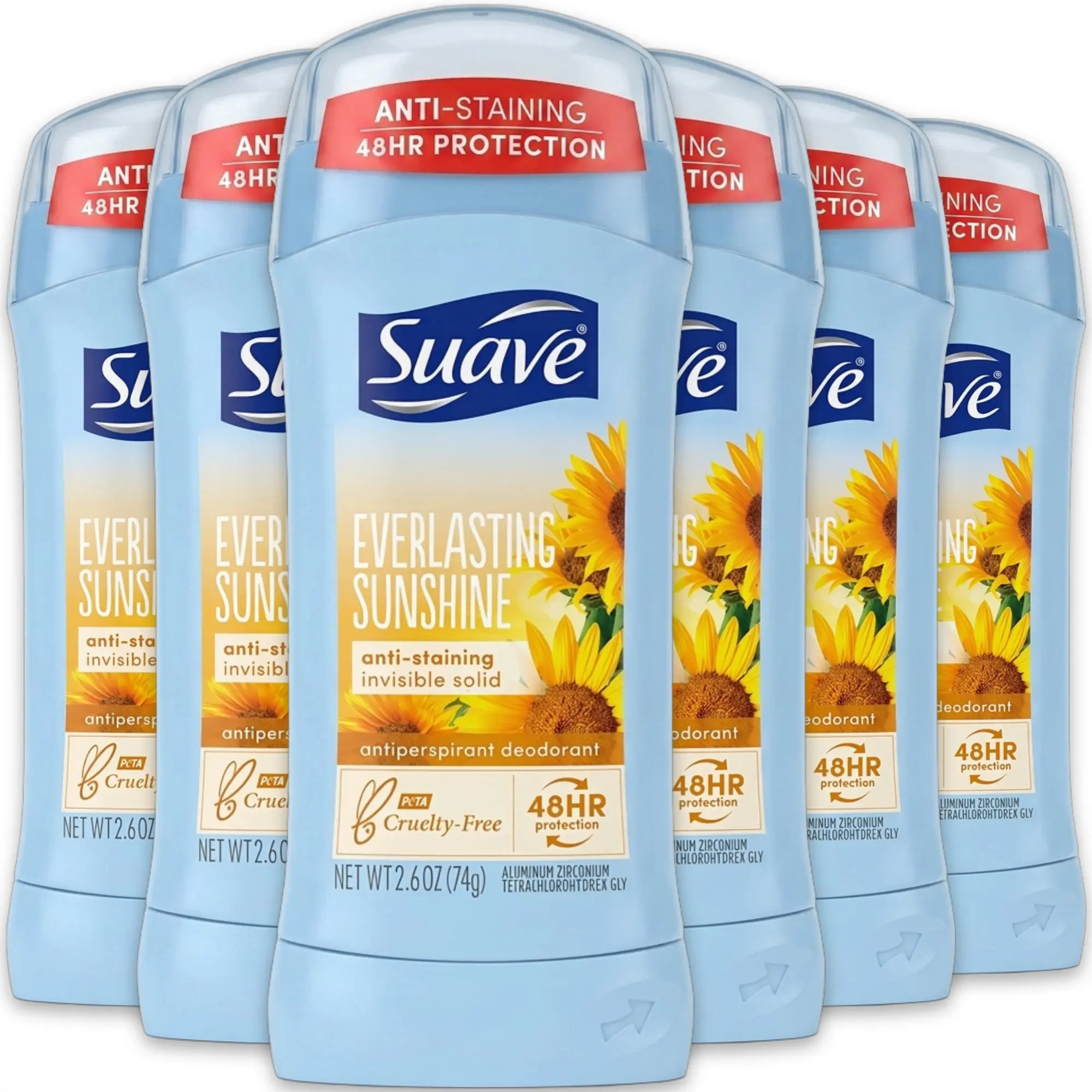 Suave Women's Everlasting Sunshine Antiperspirant Deodorant, 48HR Anti-Staining Invisible Solid Stick with Sunflower Fragrance, 2.6 oz, Body Care, Deodorant For Women, Underarm Care, Blend, Sunflower Scent, Full Size, 74G, Glide-On, Long-Lasting, Lasting