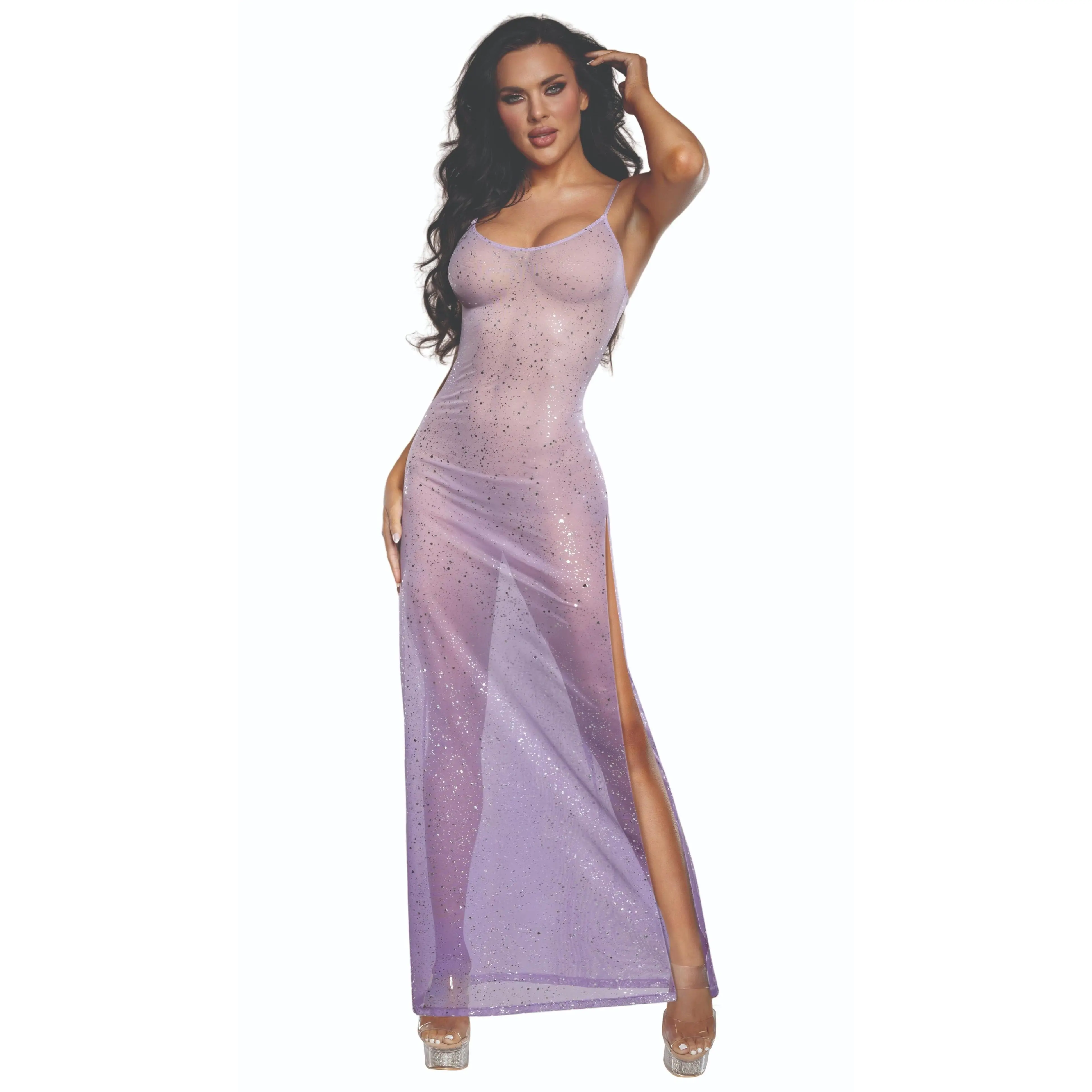 Lilac Ombré Shimmer Gown, Sheer Glitter Mesh Sleeveless Formal Wear with Adjustable Straps & Leg Slit, Women, Gown Dress, Floor Length