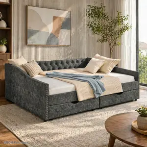 Queen Size Upholstered Daybed - Button Tufted Mid-Century Upholstered Couch with Drawers, Waved Arms with Copper Nails, 84.5"x63.5"x26.5" 80x60" Grey Furniture for Living Room, Living Room Furniture