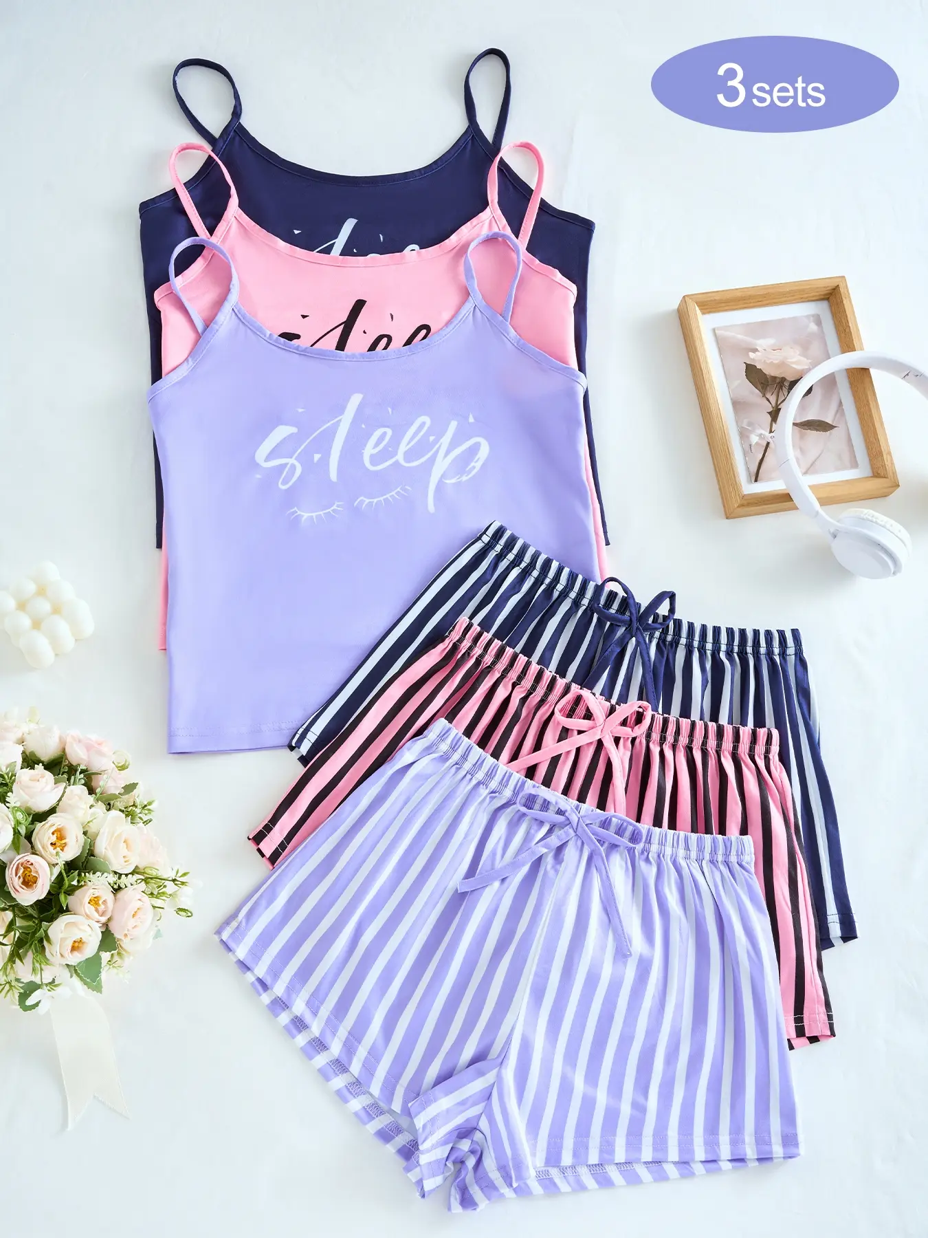 Aesthetic Matching Homewear Loungewear Set Nightwear - Women's Cute Soft Breathable Everyday Fitted Cami and Striped Shorts Pajamas | Instagrammable Home Outfit