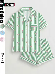 Women's Spring Summer Pyjama Set, Pajama Set, Loungewear, Striped Wine Glass Print, Comfortable Shirt Collar Short Sleeve Top & Loose Elastic Shorts