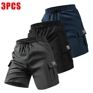 3PCS Men’s Summer Casual Cargo Shorts – Elastic waistband drawstring design, multiple pockets, letter appliqué pattern, regular fit with mid-to-high rise, non-stretch fabric; suitable for everyday wear and casual activities; not see-through material; mens