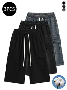 3-pack men’s summer jeans: loose cargo mid-thigh jeans with high cotton content—moisture-wicking and breathable to prevent sweating; retro street style, versatile men’s pants.