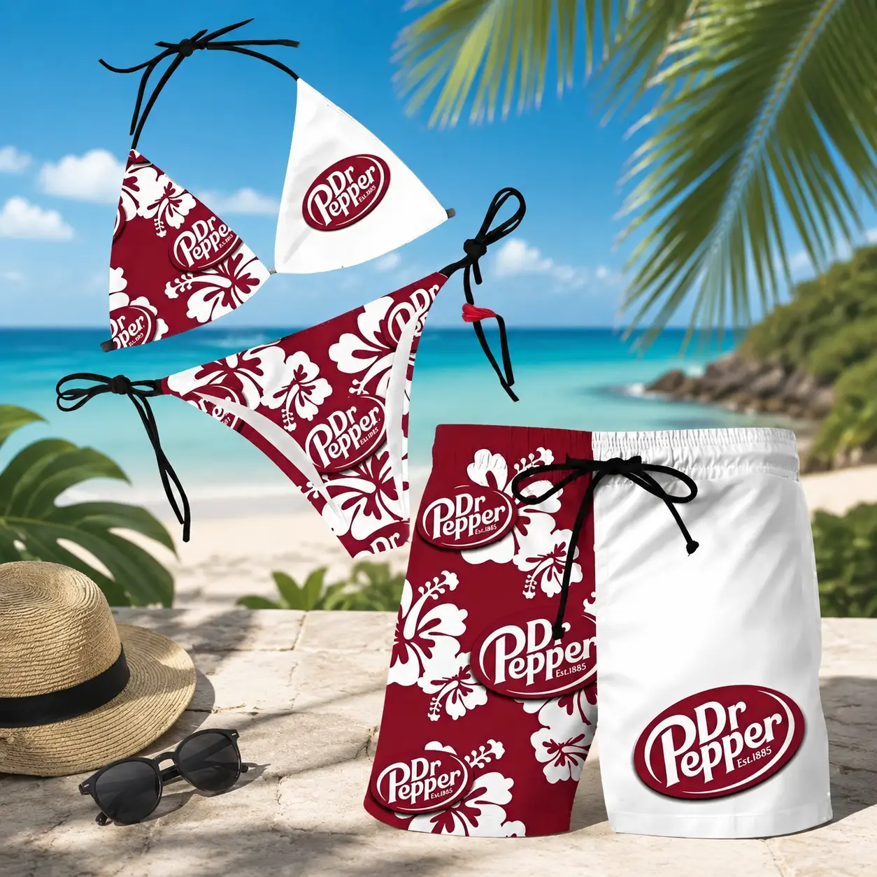 Matching Couples Swimwear Set – Dr Pepper Red Hibiscus Bikini & Board Shorts, Perfect Gift for Him & Her