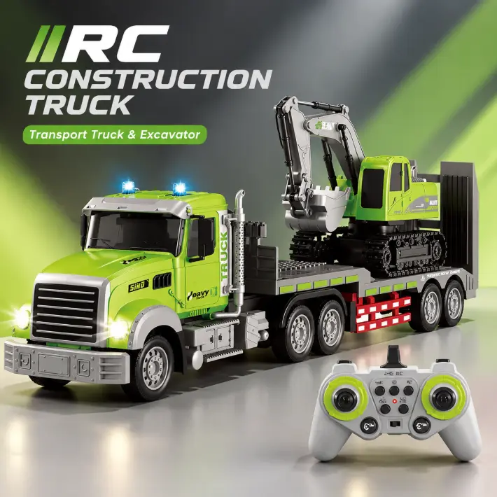 RC Construction Truck Toy Set - 1:12 Scale Pro Semi Trailer, 2.4GHz Remote Control Flatbed & Excavator, 2-in-1 Remote, Includes Li-ion Batteries, 360° Dump Rotation, Sound, Lights, Music + Speaker, Nitrosamine-Free Cool Gifts for Ages 6+ Kids & Collectors