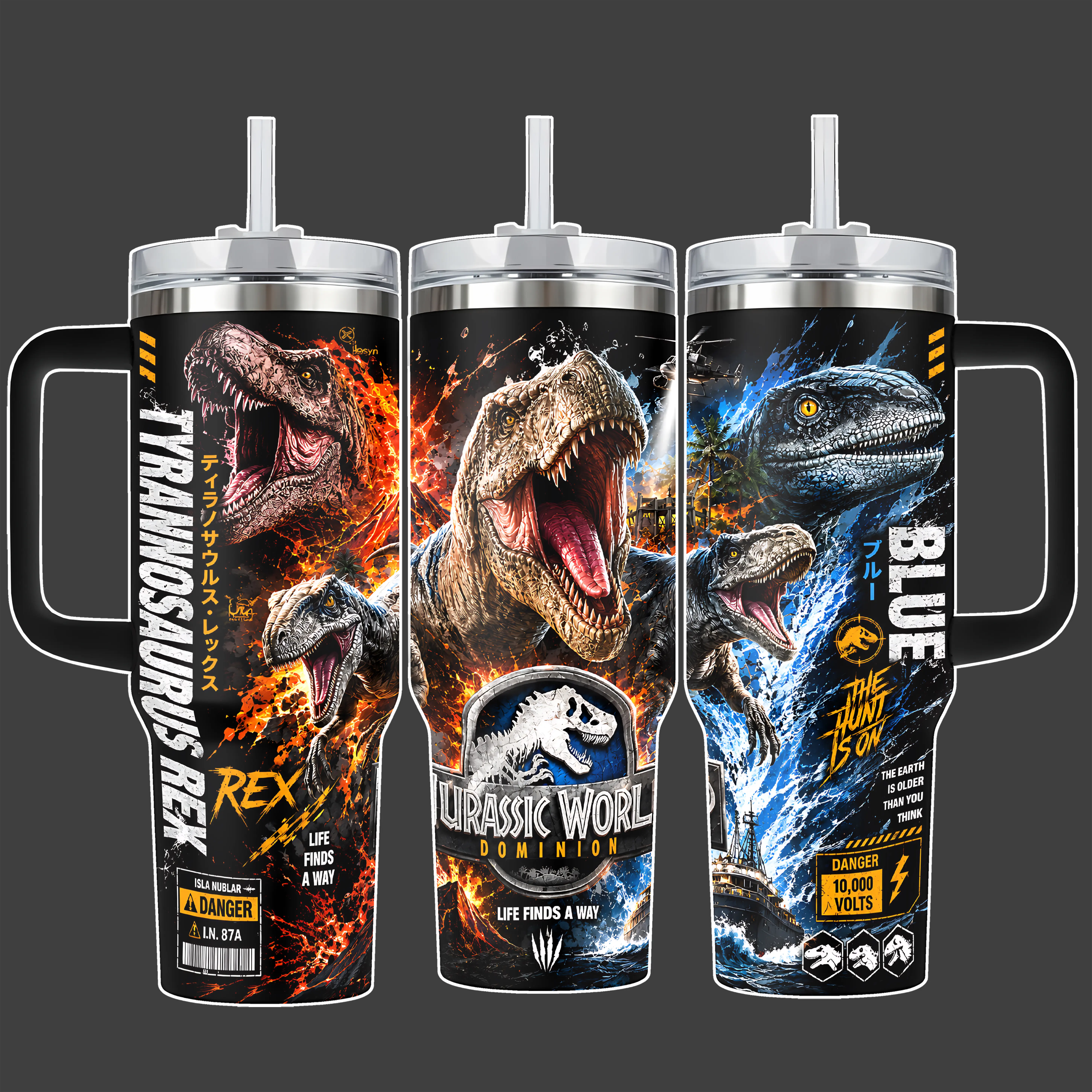 Jurassic World Dominion T-Rex and Blue Dinosaur 40oz Tumbler Cup, Orange Blue Full Wrap Stainless Steel Insulated Tumbler
