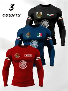 Men's 3-Piece Regular Fit Round Neck Long Sleeve T-Shirt Set, Mexican Emblem Totem Cultural Letter Print, Casual Classic Fashion Style, Comfortable Daily Wear