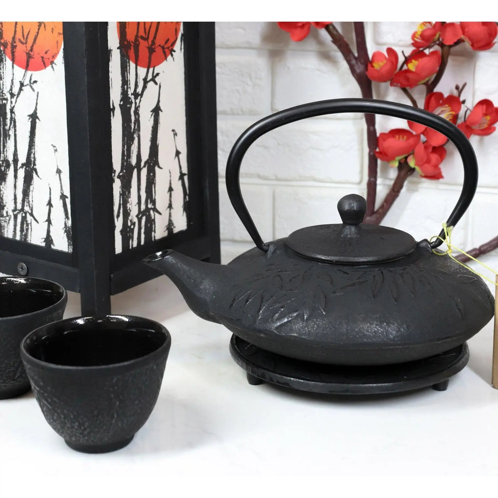 Ebros Round Japanese Forest Black Heavy Cast Iron Teapot Set with Trivet, Cups, and Warmer