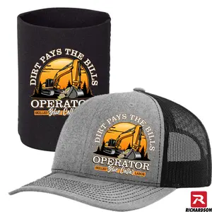 Richardson 112 Dirt Pays the Bills Operator Blue Collar Series Snapback Hat and Koozie - Combo Pack Graphic Trucker Hat Adjustable Hat