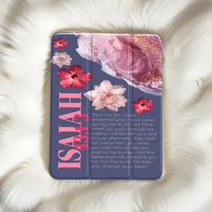 Cute Dark Blue Floral Isaiah 43:1-3 Aesthetic Bible Verse Background Stylish Clear Tablet Case for Pencil Holder (No Pen Included), Auto Wake/Sleep Tablet Protective Cover with iPad 10th 11th 9th Mini Air 4th 8/7/6/5th for iPad Pro Generation Case