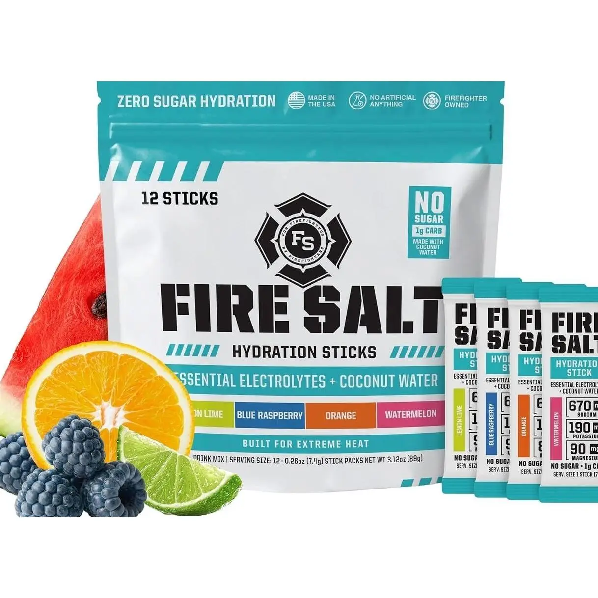 Fire Salt 4 Flavor Starter Kit Hydration Sticks, Zero Sugar, 12 Count | Electrolytes & Coconut Water, Hydration Drink Mix with Magnesium, Potassium & Sodium, Single Serve On the Go Packs