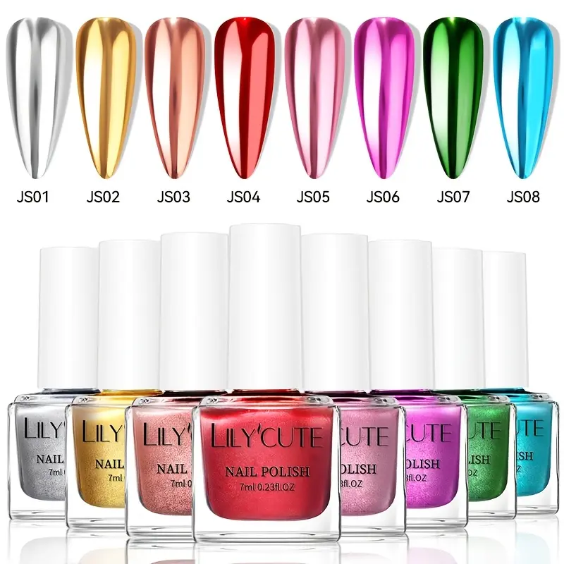 8Pcs Mirror Metallic Nail Polish Set High Pigment Full Coverage Air Dry Chrome Nail Varnish Thin Coat Textured Thick Coat Mirror Metal Sheet Effect Salon Grade Manicure Supplies For Festival Party Daily Nail Art