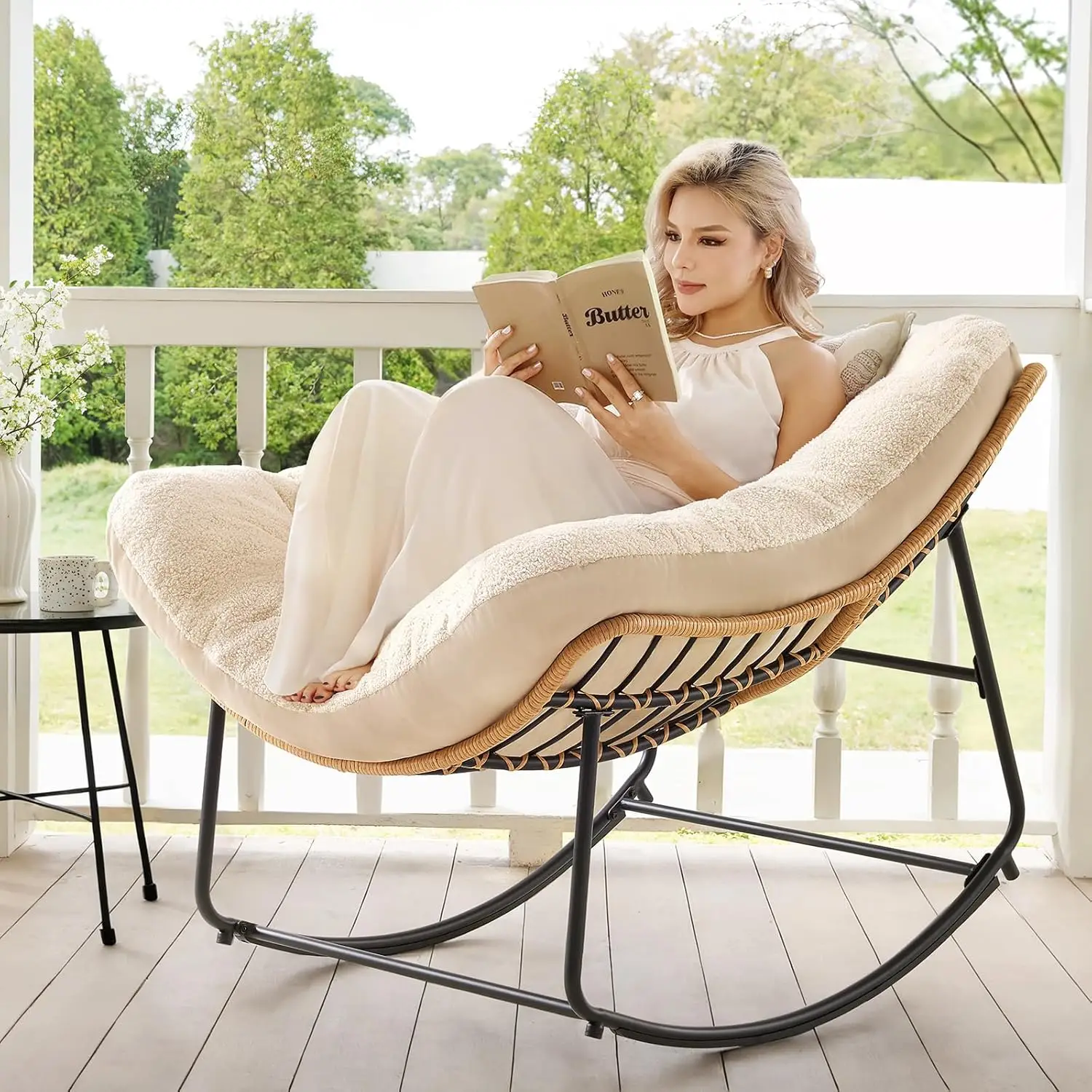 【FallDealsForYou】ONBRILL Outdoor Rocking Chairs, Oversized Papasan Rocking Chair Indoors with Padded Cushions, Rattan Wicker Lounge Chair for Living R