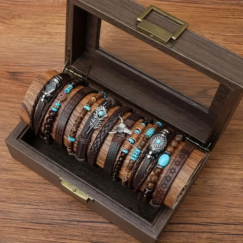 12Pcs Handwoven PU Leather Braided Fashion Bracelets - Unisex Matching Couple Jewelry with Feather Charm, Buffalo Horn, Turquoise Stone, Casual Daily Wear, Thanksgiving Gift