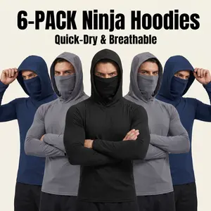 【6-Pack】men's outdoor work sun protection clothing with sun-blocking hoodie, featuring built-in face mask and neck guard, breathable long-sleeve hoodie