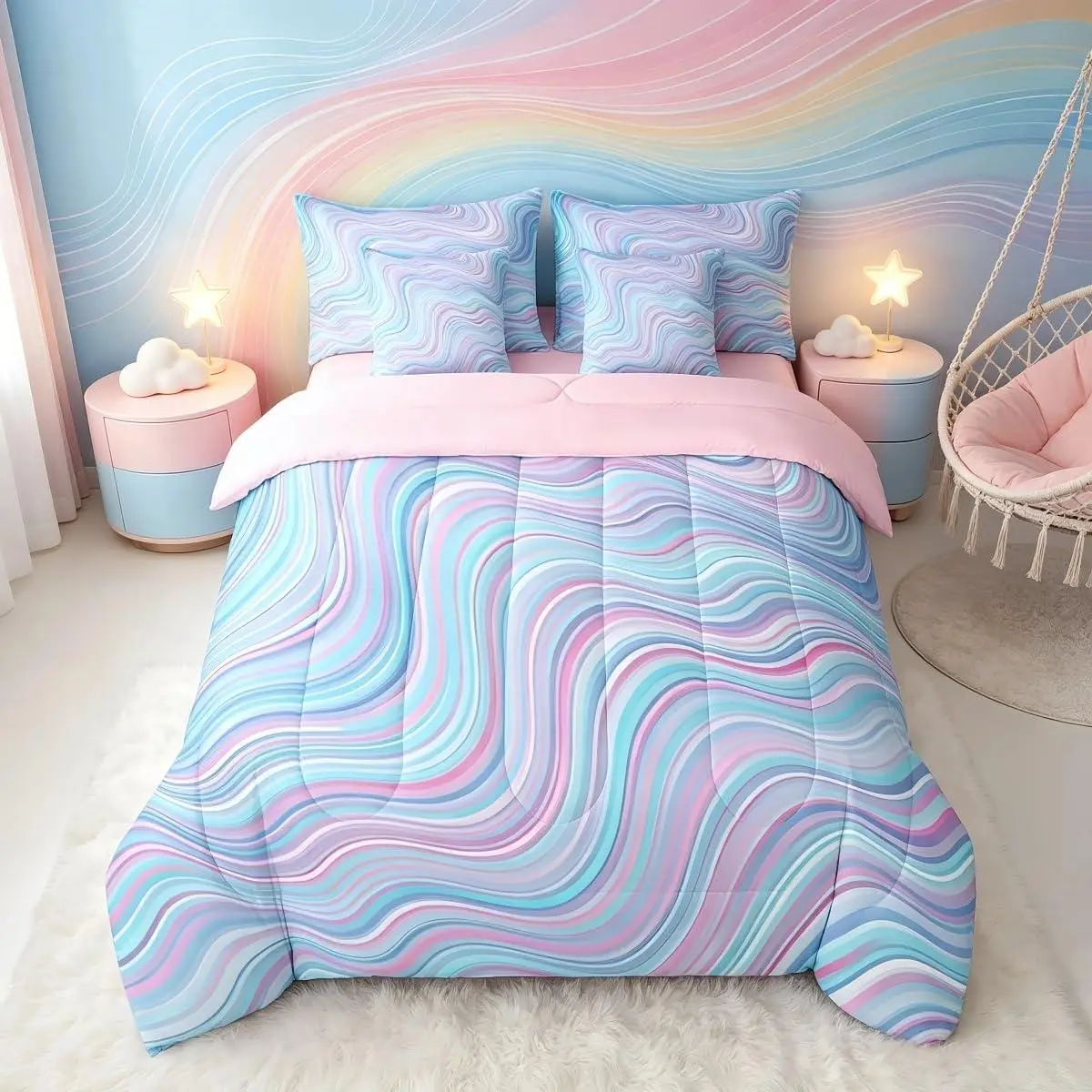 Blue Pink Rainbow Comforter Set with Sheets Stripe 7 Pieces Bedding Set Die Tye Bed in a Bag Breathable Geometric Bed Set Gift Women