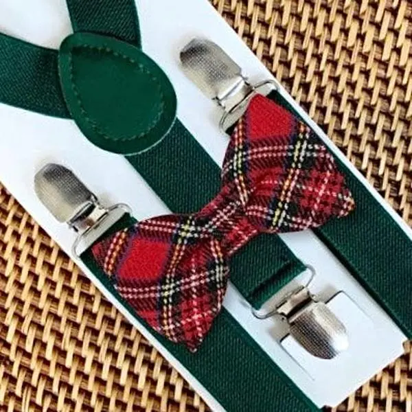 Christmas Red Tartan Bow Tie & Hunter Green Suspenders Set
