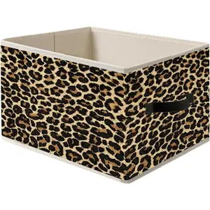 Brown Leopard Print Bin Box with Handles, Room Decor, Girly Y2k Wild Foldable Organizer Basket for Girls Dorm Bedroom Clothes Toys Books
