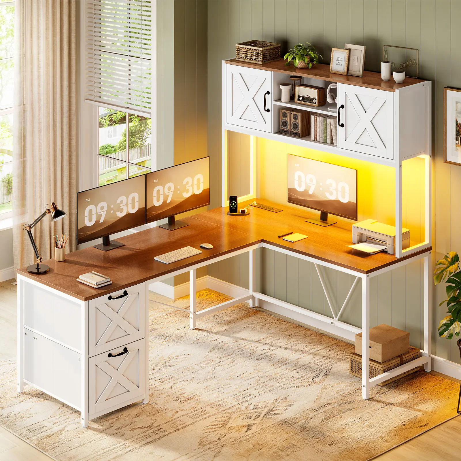 SEDETA Farmhouse L-Shaped Gaming Desk with Hutch, Reversible Office Corner Desk, Power Outlet, Storage Shelves for 2-Person Home Office Use