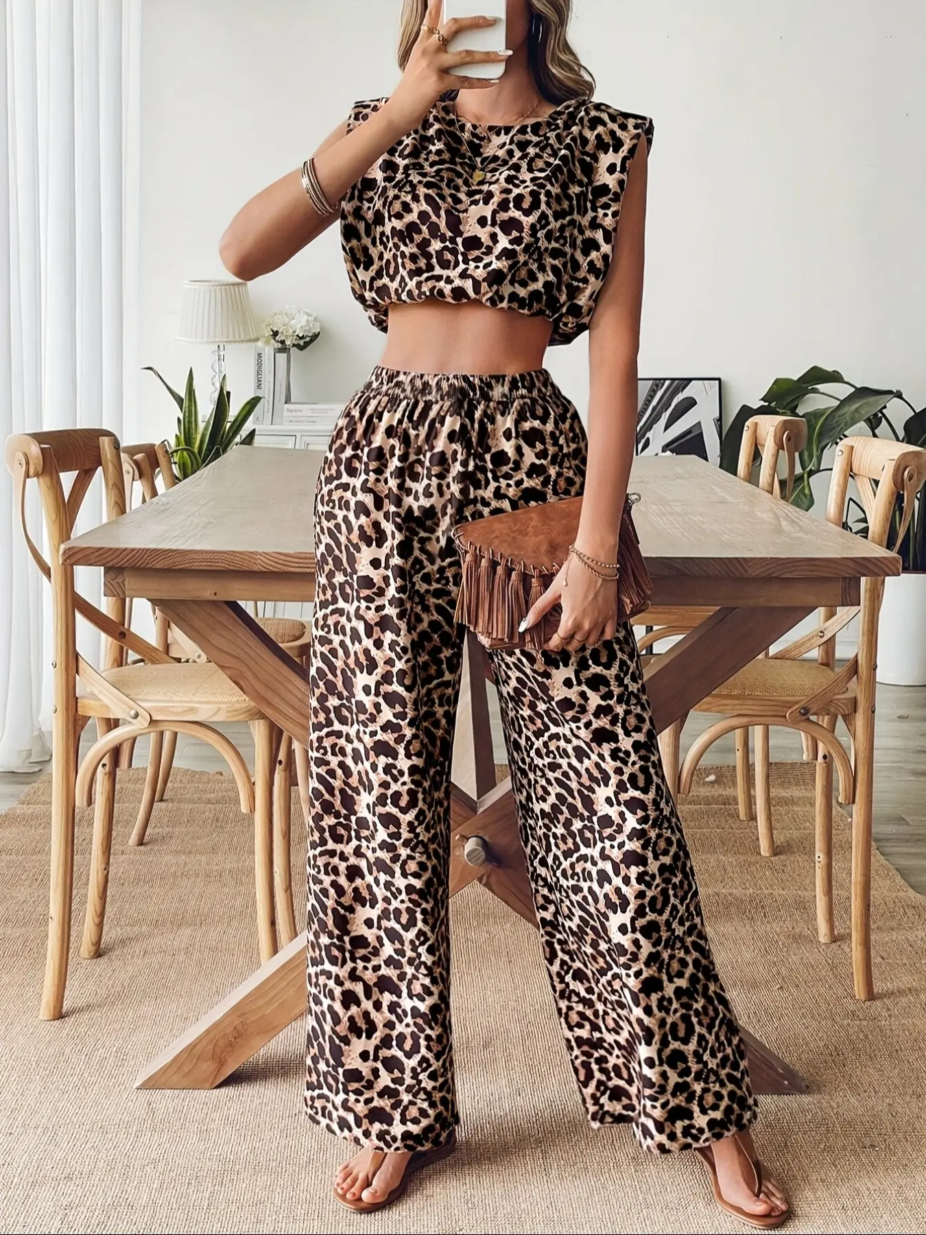 Women's Leopard Print Woven Lightweight Fabric Short Sleeve Top & High Waist Wide Leg Pants Set, Casual Vacation Summer, 2 Piece Set for Ladies, Outfit, Beach Outfit Set
