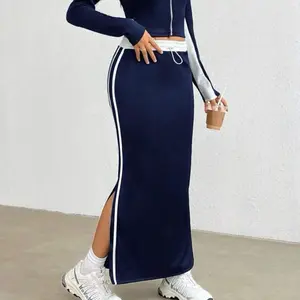 Fashionable Two Piece Set: Text Pattern Stand Collar Zipper Jacket And Skirt Womenswear Top Suits Clothes