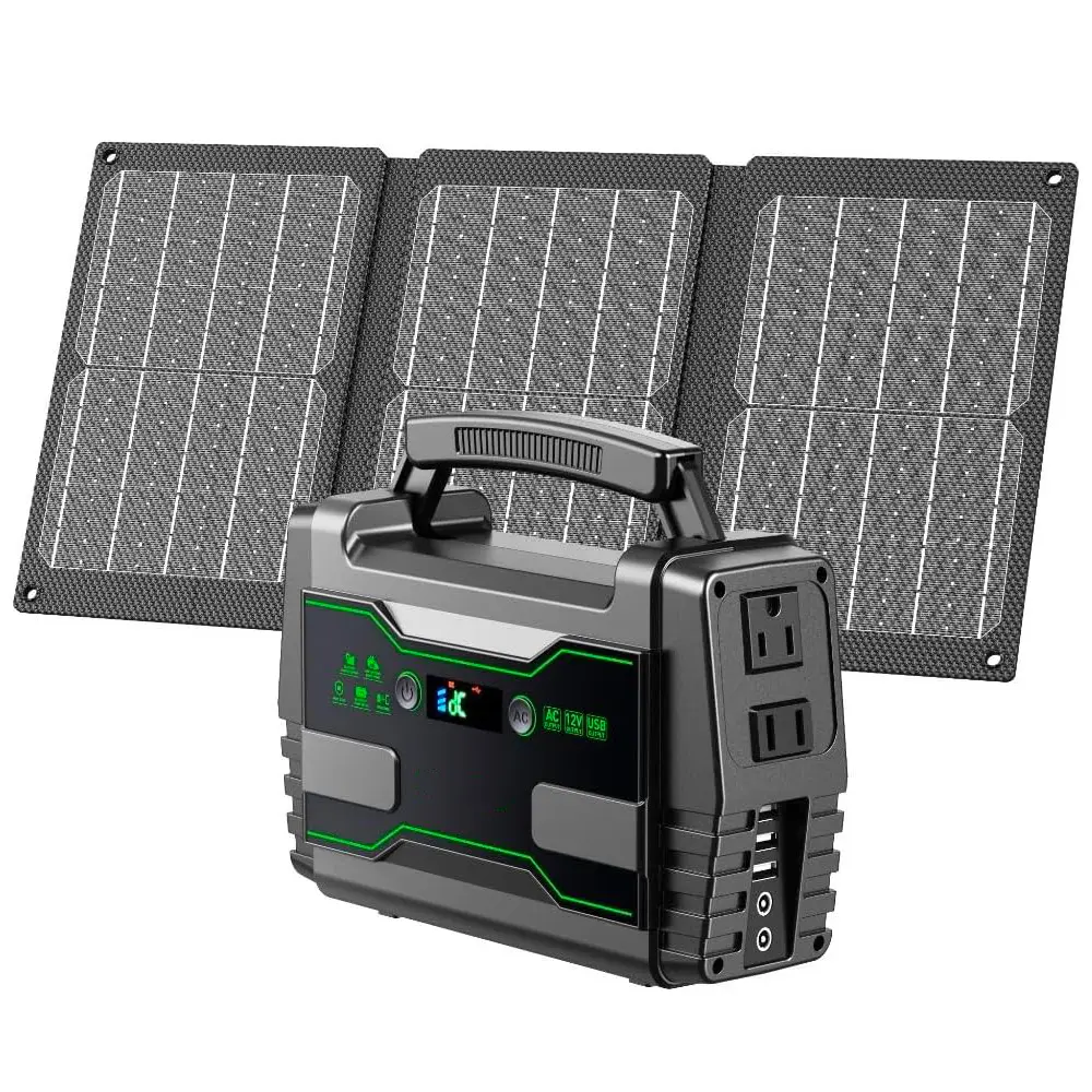100W Solar Generator with 30W Solar Panel 42,000mAh Power Bank with 2 AC Outlets 150W Surge AC Output 7 Versatile Output Ports 3 USB 2 DC Ports Built-in LED with SOS modes for Camping Music Festivals Lithium Ion Battery