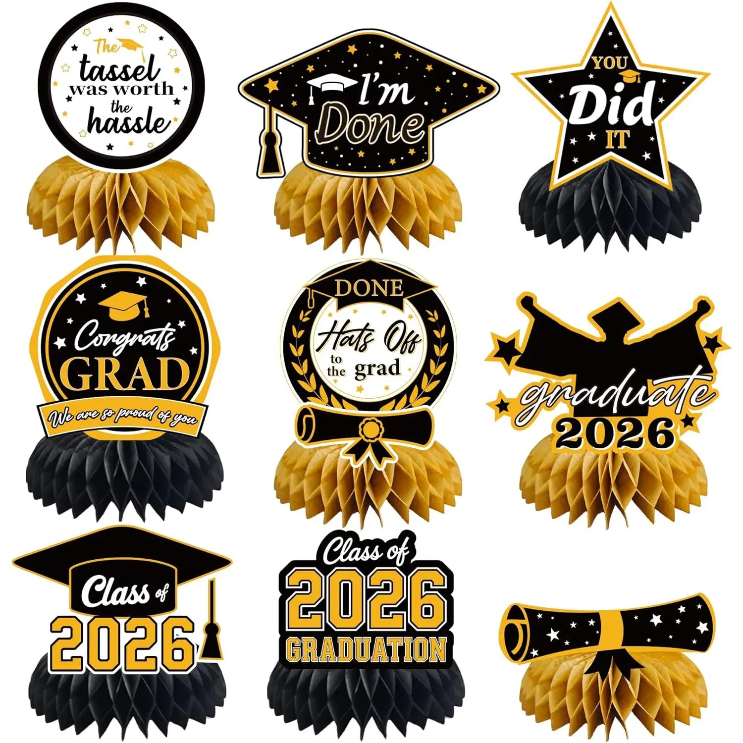 Graduation Decorations 2026 - Black Gold Graduation Honeycomb for Table Centerpiece| Graduation Party Decorations Class of 2026,Table Toppers for Graduation Party Favors Supplies Indoor Outdoor