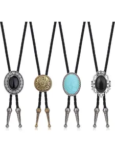4Pcs Bolo Tie for Men Western Cowboy Boho Casual Tie Handmade Totem Element Leather Necktie Necklace Halloween Costume Accessories