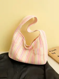 Cute striped fabric tote bag in pink! Large capacity, lightweight and reusable. Easy to carry as a daily shoulder bag for shopping, traveling, beach trips and casual outings.