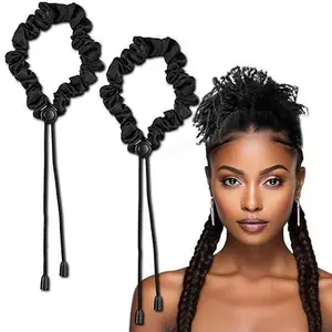 2 Pcs Adjust Satin Hair Scrunchies for Women Girls, Adjustable Hair Ties Soft Than Silk for 4c Girlie Thick Curly Natural Hair, Easy to Use Hair Accessories for Afro Puff Loc Ponytails (black)